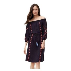 LOFT Navy Blue Off Shoulder Dress with Embroidery and Waist Tie Boho Size Med